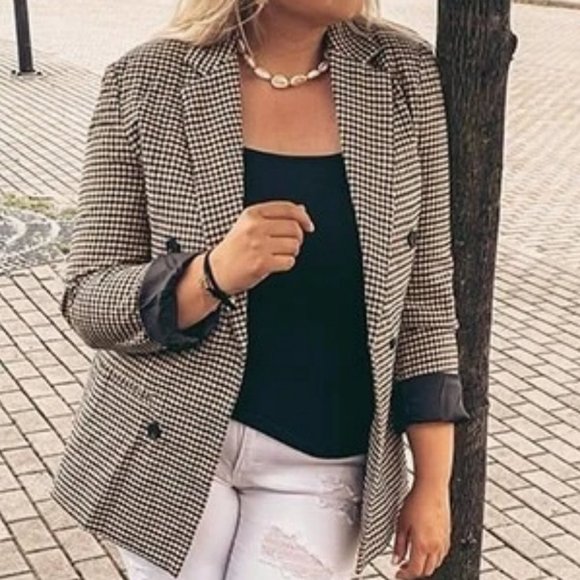 Plaid Print Double Breasted Lapel Collar Blazer work professional Business Chic - Picture 12 of 16